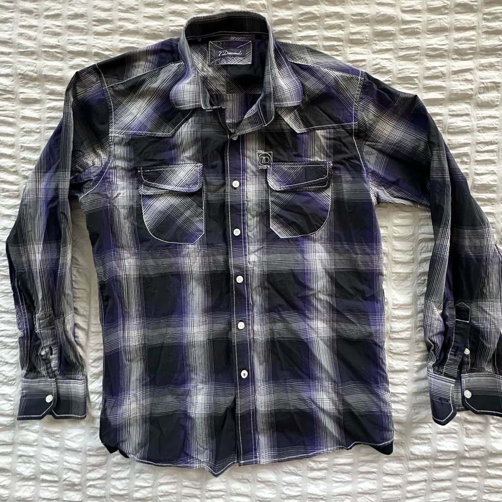 7 Diamonds Purple/Black Button-down Long Sleeves Sz Large